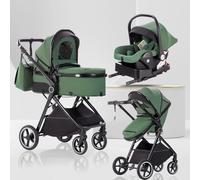 Lnhcrbs Baby Stroller 3 in 1,Travel Pushchair's Lie-Flat Pram is Foldable, Stroller System Handle is Adjustable, The Wheels are Made of PU Material, Suitable for 0-3 Years-Green