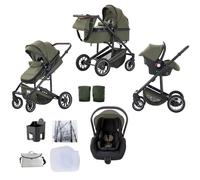 Lnhcrbs Baby Stroller 3 in 1, Travel Stroller, Green- Pushchair and Car Seat Set, Newborn Pushchair with Adjustable Handle, Sleeping Basket&Carrycot with Foot Cover, Thicker Cotton Pads,0-4,22KG