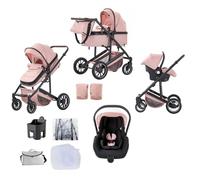 Lnhcrbs Baby Stroller 3 in 1, Travel Stroller, Pink- Pushchair and Car Seat Set, Newborn Pushchair with Adjustable Handle, Sleeping Basket&Carrycot with Foot Cover, Thicker Cotton Pads,0-4,22KG