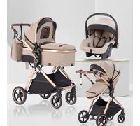 Lnhcrbs Baby Stroller 3 in 1 with Car Seat, Travel Pushchair's Lie-Flat Cot is Foldable, Stroller System Handle is Adjustable, The Wheels are Made of PU Material, Suitable from Birth to 3 Years-Khaki