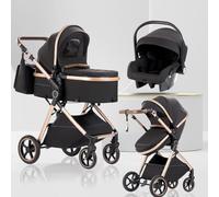 Lnhcrbs Baby Stroller 3 in 1 with Car Seat, Travel Pushchair's Lie-Flat Cot is Foldable, Stroller System Handle is Adjustable, The Wheels are Made of PU Material, for 0-3 Years-Black Gold
