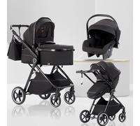 Lnhcrbs Baby Stroller 3 in 1 with Car Seat, Travel Pushchair's Lie-Flat Cot is Foldable, Stroller System Handle is Adjustable, The Wheels are Made of PU Material, Suitable from Birth to 3 Years-Black