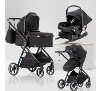 Lnhcrbs Baby Stroller 3 in 1 with Car Seat, Travel Pushchair's Lie-Flat Cot is Foldable, Stroller System Handle is Adjustable, The Wheels are Made of PU Material, Suitable from Birth to 3 Years-Black