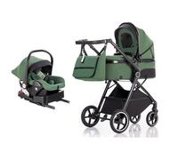 Lnhcrbs Baby Stroller 3 in 1 with Car Seat, Travel Pushchair's Lie-Flat Cot is Foldable, Stroller System Handle is Adjustable, The Wheels are Made of PU Material, Suitable from Birth to 3 Years-Green