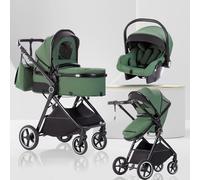 Lnhcrbs Baby Stroller 3 in 1 with Car Seat, Travel Pushchair's Lie-Flat Cot is Foldable, Stroller System Handle is Adjustable, The Wheels are Made of PU Material, Suitable from Birth to 3 Years-Green