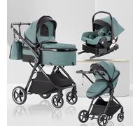 Lnhcrbs Baby Stroller 3 in 1 with Car Seat, Travel Pushchair's Lie-Flat Cot is Foldable, Stroller System Handle is Adjustable, The Wheels are Made of PU Material, Suitable 0-3 Years-Blue Green