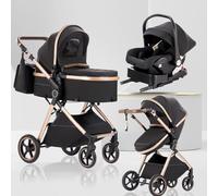 Lnhcrbs Baby Stroller 3 in 1 with Car Seat, Travel Pushchair's Lie-Flat Cot is Foldable, Stroller System Handle is Adjustable, The Wheels are Made of PU Material, for 0-3 Years-Black Gold