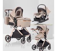 Lnhcrbs Baby Stroller 3 in 1 with Car Seat,Travel Pushchair's Lie-Flat Pram is Foldable, Stroller System Handle is Adjustable, The Wheels are Made of PU Material, Suitable for 0-3 Years-Khaki