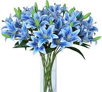 LNHOMY 6 Pack Artificial Lily Flowers Full Bloom Fake Latex Real Touch Artificial Flower Bouquets with 3 Heads Wedding Party Decor Home Décor (Blue)