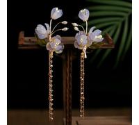 LNKUGN Pearl Tassel Hair Clip Purple Flower Hairpin Chinese Hanfu Hair Accessories Fairy Step Shaking Vintage Wedding Jewelry 2pcs