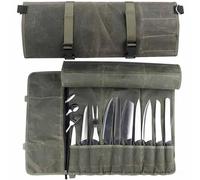 Lnlscle Heavy Duty Waxed Canvas Knife Roll Bag, 11-Slot Chef Organizer with Handle, Shoulder Strap & Zippered Pockets, Portable Storage Case for Chefs & Culinary Students (Green)