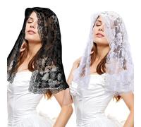 Lnngub 2 Pcs Mantilla Veil Lace Head Scarf Catholic Veils for Women Mass Veils for Church Catholic The First Communion Floral Lace Veil for Women Bridal(Black,White)
