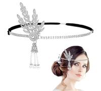 Lnngub Flapper Headband,1920s Headband with Leaf Rhinestones Headpiece Pearl Tassel Head Bands Roaring 1920s Headpiece for Women(Silver)