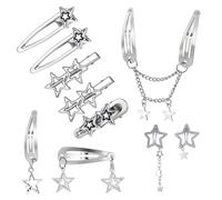 Lnngub Pack of 10 Star Hair Clips, Y2K Silver Star Hair Clips, 8 Styles, Pentagram Hair Clips, Zinc Alloy Retro Kawaii Metal Stars Hair Clips for Women and Girls