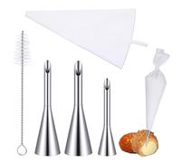 Lnngub Puff Cream Filling Piping Tips Kit,3 Pcs Long Puff Nozzle Tips with 1 Reusable Pastry Piping Bag & 1 Injector Tip Cleaning Brush Cupcake Filler Tool for Filling Donuts Cupcakes Cream Puffs