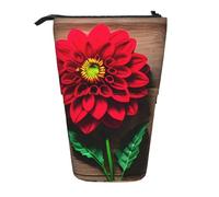 LNNIUK Wooden Board Retro Flower Red Dahlia print Telescopic Pencil Bag Pen Holder Stand-up Retractable Standing Organizer Office Bag