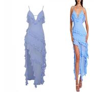 LNNLOO Irregular V Neck Sling Prom Party Dress,Sexy Halter Dress Gown,Women Backless Halter Flounce High Slit Dresses (Blue,Small)