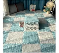 LNNNW Plush Interlocking Carpet Mat 16pcs Non-Slip Soft Interlocking Rugs,Plush Floor Tile Mat,Suitable for Home,Office,Nursery,Gym(White+Light Blue,1cm)