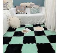 LNNNW Plush interlocking carpet Mat Foam Puzzle Floor Mat, 36 Pieces, Interlocking Shaggy Carpet Square, Soft Fluffy Floor Tiles, Cuttable Floor Mat(Mint Green+Black)