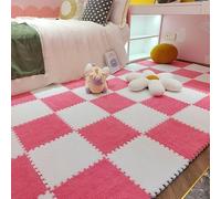 LNNNW Plush Interlocking Carpet Mat Plush Foam Floor Mat, Square Interlocking Fluffy Carpet Tiles, DIY Non-Slip Washable, Soft Climbing Area Rug for Home Use(White+Rose Red,12pcs)