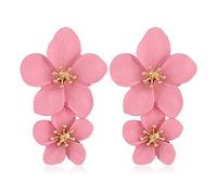 LNNSHX Bohemian Double Metal Flower Stud Earrings for Women Multicolor Wildflower Long Drop Dangle Earrings for Girl Petal Statement Earrings