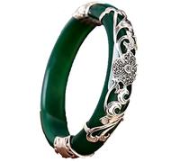 LNNSHX S925 Silver Green Emerald Jewelry Women's Open Agate White Chalcedony Bracelet Four Leaf Clover Bracelet Fashion Versatile Bracelet Charm Fashion Accessory (Green Jade Silver White-58mm)