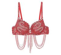 LNNXSZ Women's Sequin Beaded Bustier Womens Belly Dance Top Shiny Corset Crop Top Fringe Rhinestone Sequin Club Bra Spaghetti Straps Underwire Push Up Bustier Tops(Red)
