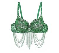 LNNXSZ Women's Sequin Beaded Bustier Womens Belly Dance Top Shiny Corset Crop Top Fringe Rhinestone Sequin Club Bra Spaghetti Straps Underwire Push Up Bustier Tops(Dark Green)