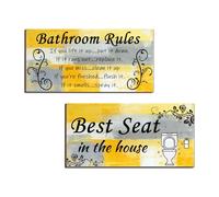 LNOND 2 Pieces Yellow bathroom wall decor, Wooden Hanging Bathroom Rules Abstract Wall Art, rustic bathroom signs decor (12x 6 Inch)