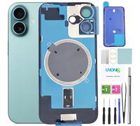 LNONLS 16 Back Glass Replacement for iPhone 16 Rear Back Cover Glass with Frame Waterproof and Camera Lens+Professional Repair Tool Kit (Teal)