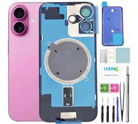 LNONLS 16 Back Glass Replacement for iPhone 16 Rear Back Cover Glass with Frame Waterproof and Camera Lens+Professional Repair Tool Kit (Pink)