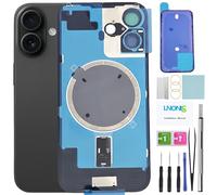 LNONLS 16 Back Glass Replacement for iPhone 16 Rear Back Cover Glass with Frame Waterproof and Camera Lens+Professional Repair Tool Kit (Black)