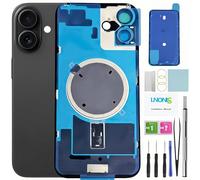 LNONLS 16 Plus Back Glass Replacement for iPhone 16 Plus Rear Back Cover Glass Waterproof and Camera Lens+Professional Repair Tool Kit (Black)