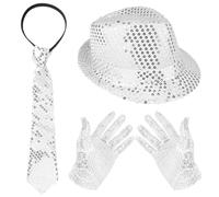 LNQ LUNIQI 3Pcs Women Disco Fancy Dress Accessories 70s with Sequin Hat Silver Sequin Gloves Bling Tie Glitter Costume for Hip-Hop Dance Theme Party Masquerade