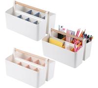 Lnrueg 3 PCS Craft Caddies with Handle, 9.8'' x 7.1'' x 5.9'' Plastic Storage Boxes, White with Orange, Pink, and Blue Dividers, Ideal for Art Supplies, Stationery, and Diaper Organization