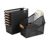 Lnrueg 8 PCS Storage Baskets Plastic, 12 x 6 x 5 Inches, Black Plastic Storage Bins with Handles, Basket Organizers for Kitchen Shelves, Small Nesting Containers