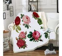 LNXSESN Blanket White Red Flower Fleece Blanket Flannel and Lamb Wool Fluffy Blanket Soft Thick Blanket for Bed Reversible Sherpa Blanket Lightweight Sofa Throw 180x220cm