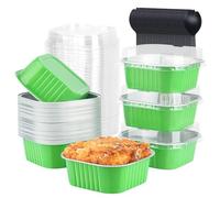 LNYZQUS 10oz Mini Cake Pans With Lids 40 Pack, Aluminum Foil Small Baking Tins,Disposable 4”x4” Large Cupcake Cups Containers,Jumbo Muffin Tin Ramekins Bread Holders-Green