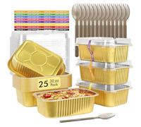 LNYZQUS 30oz Small Foil Pans with Lids 25 Pack, 7” x 5” Individual Baking Tins Deep Leftover Containers,Aluminum To Go Baked Food Containers Large Loaf Cake Pans Take Out Holders-Gold