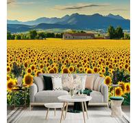 lnzCzhyre Custom Size Wall Murals - Sunflower Field with Farmhouse in The Distance Self - Adhesive Removable for Country - Style Home, Enhancing The Rural Aesthetic