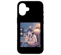 Lo Fi Anime Girl Headphones Rainy City Night Case for iPhone 16