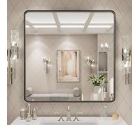 LOAAO 30x30 inch Black Metal Frame Bathroom Mirror for Wall Matte Black Bathroom Vanity Mirror Farmhouse Large Rounded Rectangle Rustproof Tempered Glass Hanging