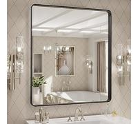 LOAAO 32x36 inch Black Metal Frame Bathroom Mirror for Wall Matte Black Bathroom Vanity Mirror Farmhouse Large Rounded Rectangle Rustproof Tempered Glass Hanging