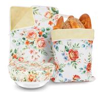 LOADSFUN 2 Pack Beeswax Bread Bag with Large Beeswax Bowl Cover, 13“×17” Bread Bag with Zipper & Carry Handle, Reusable Beeswax Bread Bags for Sourdough Bread Baking Supplies (Blush Roses)