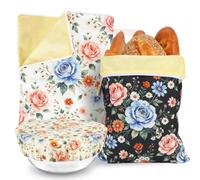 LOADSFUN 2 Pack Beeswax Bread Bag with Large Beeswax Bowl Cover, 13“×17” Bread Bag with Zipper & Carry Handle, Reusable Beeswax Bread Bags for Sourdough Bread Baking Supplies (Midnight Roses)