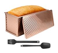 Loaf Tin with Lid 2LB(1000g) Non Stick Bread Tins for Baking, Carbon Steel Pullman Loaf Pan with Slide Cover, Non Stick Bakeware for Toast Bread Pan with Silicone Brush Spatula Set Gold 31.5x11x12cm