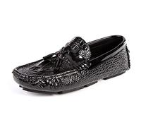 Loafers for Men Genuine Leather Tassel Round Toe Faux Crocodile Grain Lightweight Slip Resistant Anti-Slip Fashion Slip-on(Black,9.5 UK)