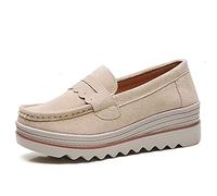 Loafers for Women Platform Anti-Slip Breathable Slip-On Low-Cut Solid Color Suede Leather Shallow Wedge Daily Walking Casual Shoes Khaki
