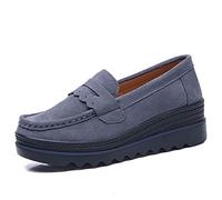 Loafers for Women Platform Anti-Slip Breathable Slip-On Low-Cut Solid Color Suede Leather Shallow Wedge Daily Walking Casual Shoes Dark Grey
