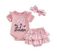 Loalirando 3Pcs Newborn Baby Girl Easter Clothes My First Easter Short Sleeve Romper + Bunny Bloomers + Headband Outfits Baby Girls Easter Bunny Outfits Set(Pink 1, 6-12 Months)